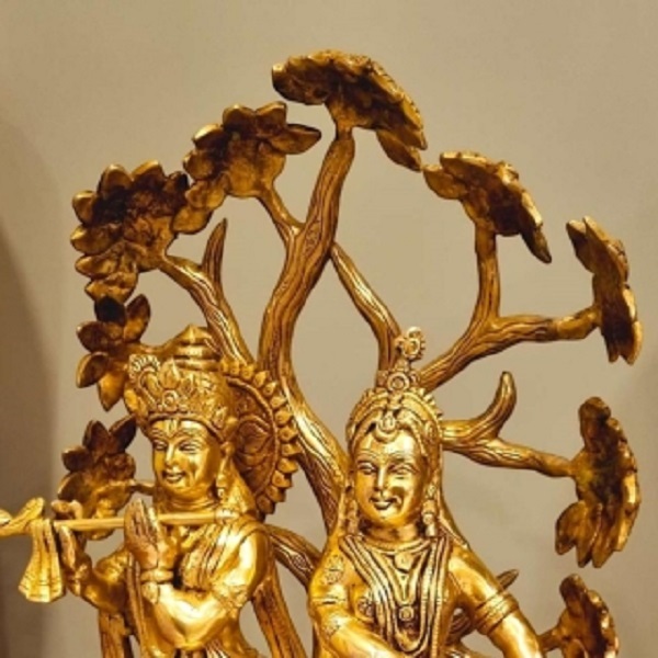 Aakrati Brass Radha Krishna with Tree | Antique Finish Sculpture | Radha Krishna Under Tree ( Yellow, 22 inch)