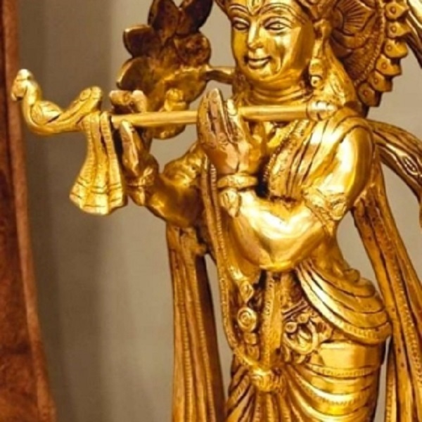 Aakrati Brass Radha Krishna with Tree | Antique Finish Sculpture | Radha Krishna Under Tree ( Yellow, 22 inch)