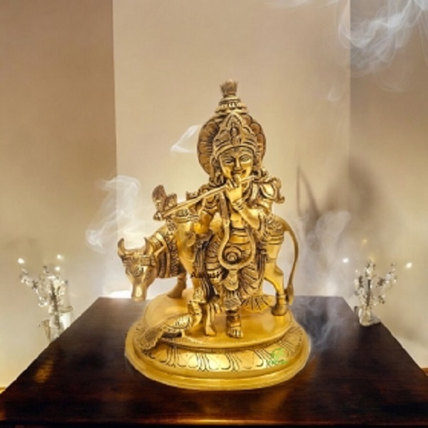 Brass Krishna Murti Statue | Traditional Indian Craftsmanship | Antique Brass Krishna Murti Idol ( Yellow 8.5 inch)