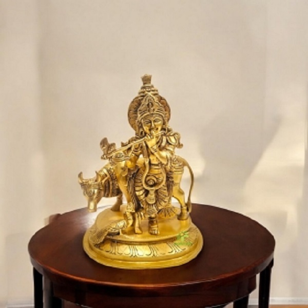 Brass Krishna Murti Statue | Traditional Indian Craftsmanship | Antique Brass Krishna Murti Idol ( Yellow, 8.5 inch)
