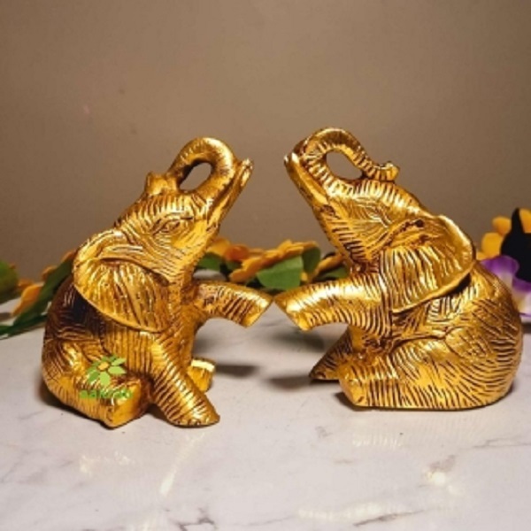 A Pair of Brass Elephant Statues Made By Aakrati| Collectable Figurine| Showpieces| Decorative Items (Yellow, Height 3.8 inch)