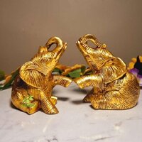 A Pair of Brass Elephant Statues Made By Aakrati| Collectable Figurine| Showpieces| Decorative Items (Yellow, Height 3.8 inch)