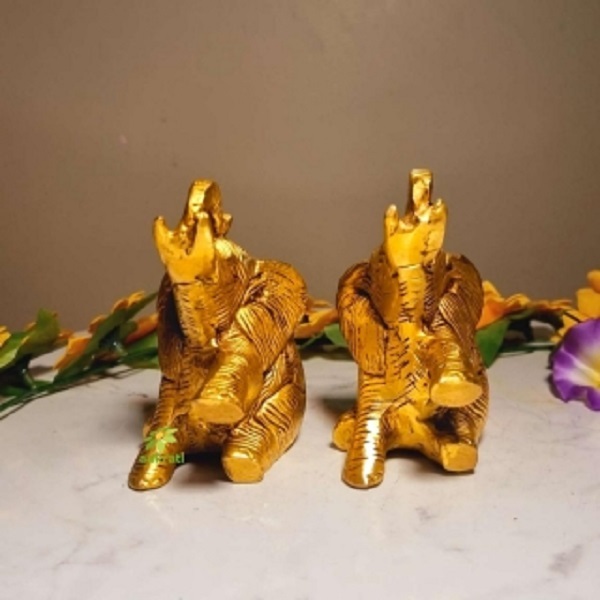 A Pair of Brass Elephant Statues Made By Aakrati| Collectable Figurine| Showpieces| Decorative Items (Yellow, Height 3.8 inch)