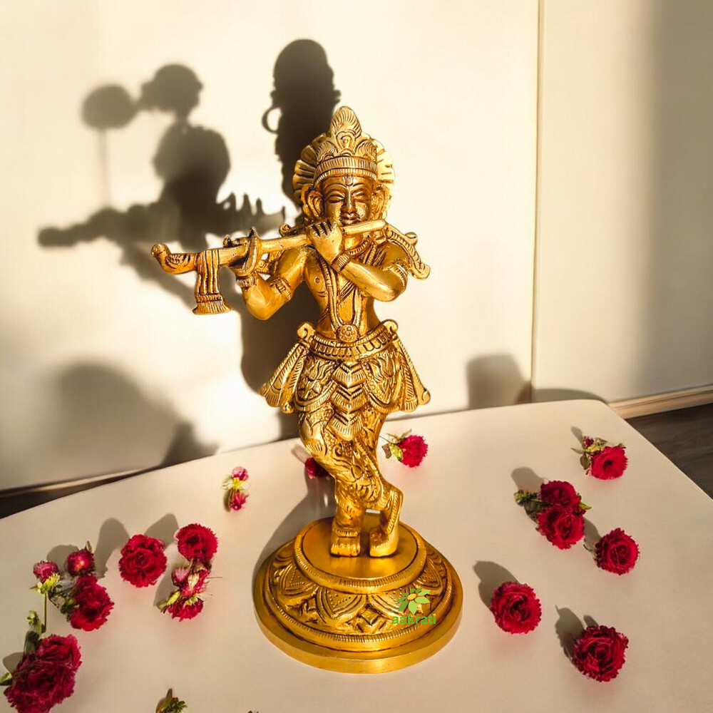 Brass Krishna Statue | Aesthetic Religious Idol for Festive Blessings | Handmade Brass Krishna Idol Showpiece ( Yellow, 8 inch)
