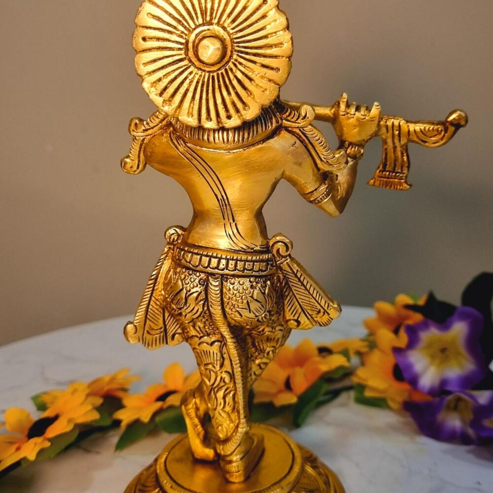 Brass Krishna Statue | Aesthetic Religious Idol for Festive Blessings | Handmade Brass Krishna Idol Showpiece ( Yellow, 8 inch)