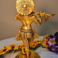 Brass Krishna Statue | Aesthetic Religious Idol for Festive Blessings | Handmade Brass Krishna Idol Showpiece ( Yellow, 8 inch)
