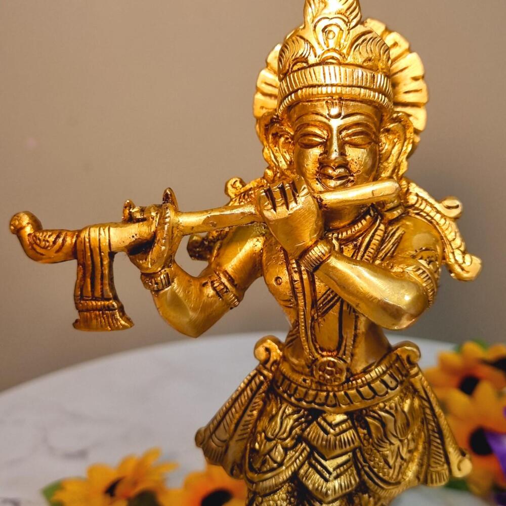 Brass Krishna Statue | Aesthetic Religious Idol for Festive Blessings | Handmade Brass Krishna Idol Showpiece ( Yellow, 8 inch)