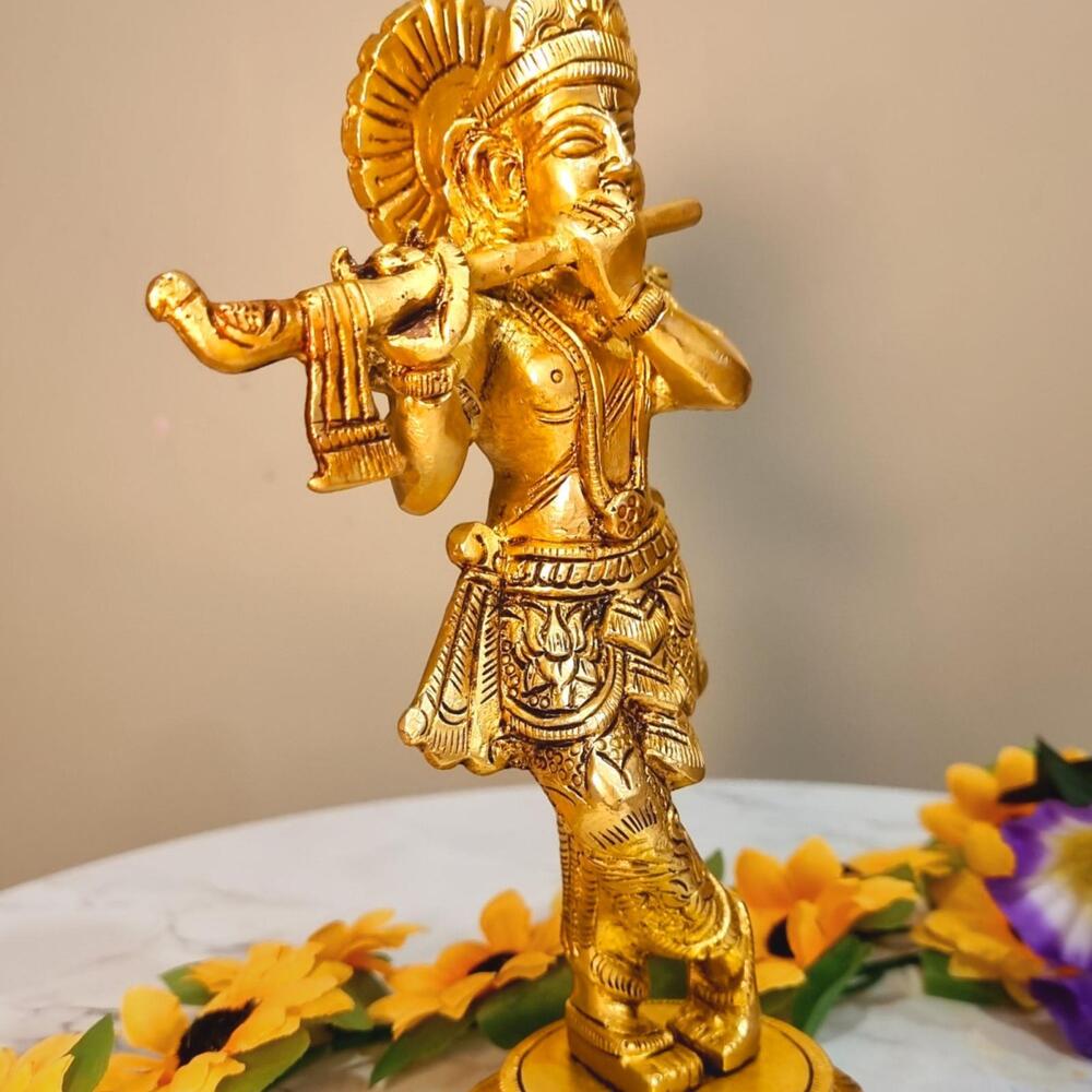 Brass Krishna Statue | Aesthetic Religious Idol for Festive Blessings | Handmade Brass Krishna Idol Showpiece ( Yellow, 8 inch)