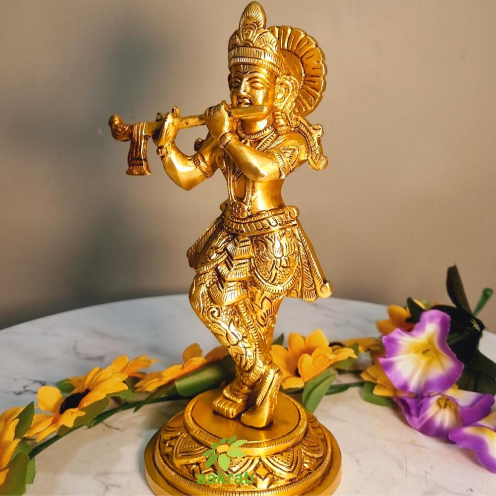 Brass Krishna Statue | Aesthetic Religious Idol for Festive Blessings | Handmade Brass Krishna Idol Showpiece ( Yellow, 8 inch)