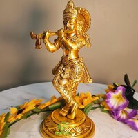 Brass Krishna Statue | Aesthetic Religious Idol for Festive Blessings | Handmade Brass Krishna Idol Showpiece ( Yellow, 8 inch)