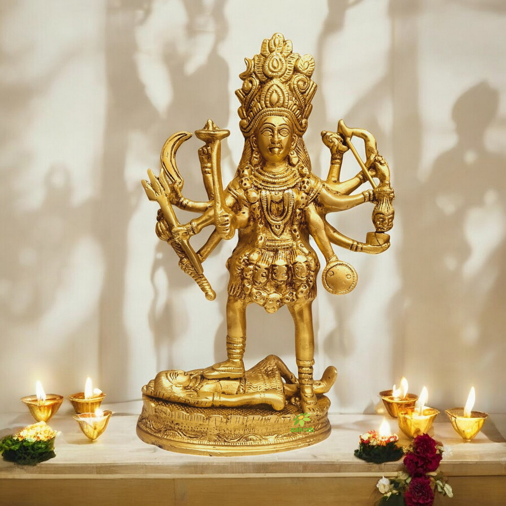 Modern Brass Kali Mata Idol | Unique Handcrafted Devotional Sculpture | Brass Kali Mata Murti ( Yellow, 10.2 inch)