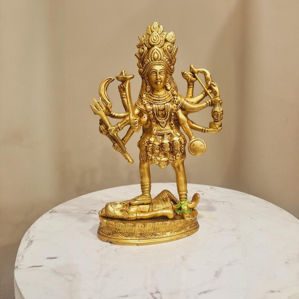 Modern Brass Kali Mata Idol | Unique Handcrafted Devotional Sculpture | Brass Kali Mata Murti ( Yellow, 10.2 inch)