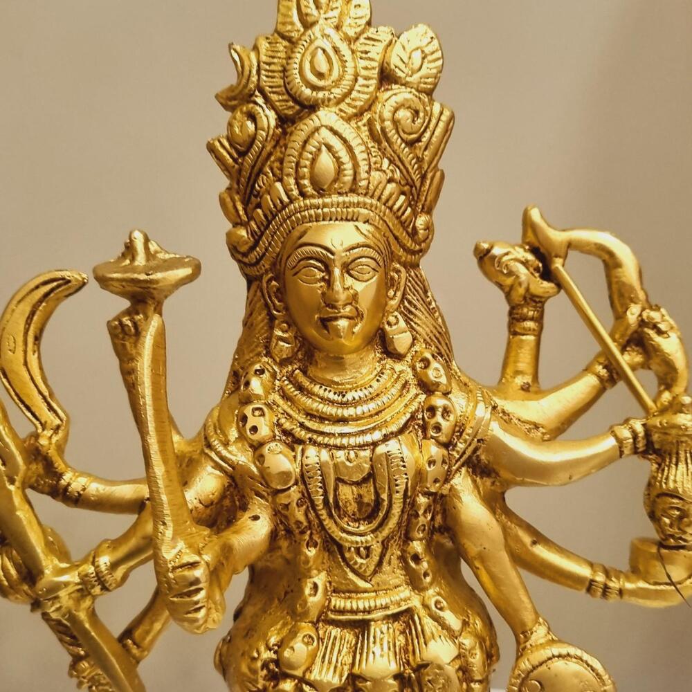 Modern Brass Kali Mata Idol | Unique Handcrafted Devotional Sculpture | Brass Kali Mata Murti ( Yellow, 10.2 inch)