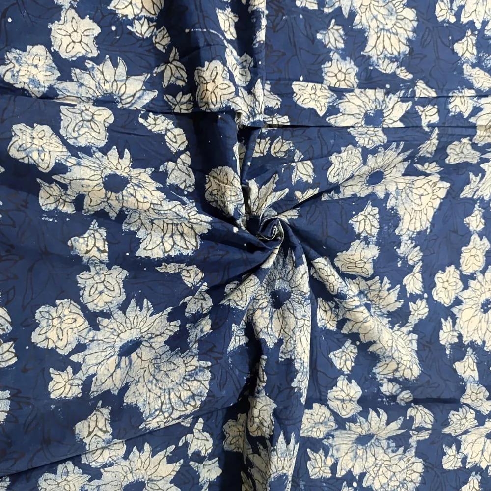 Beauiful Round Flower Indigo Hand Block Printed Cotton Fabric