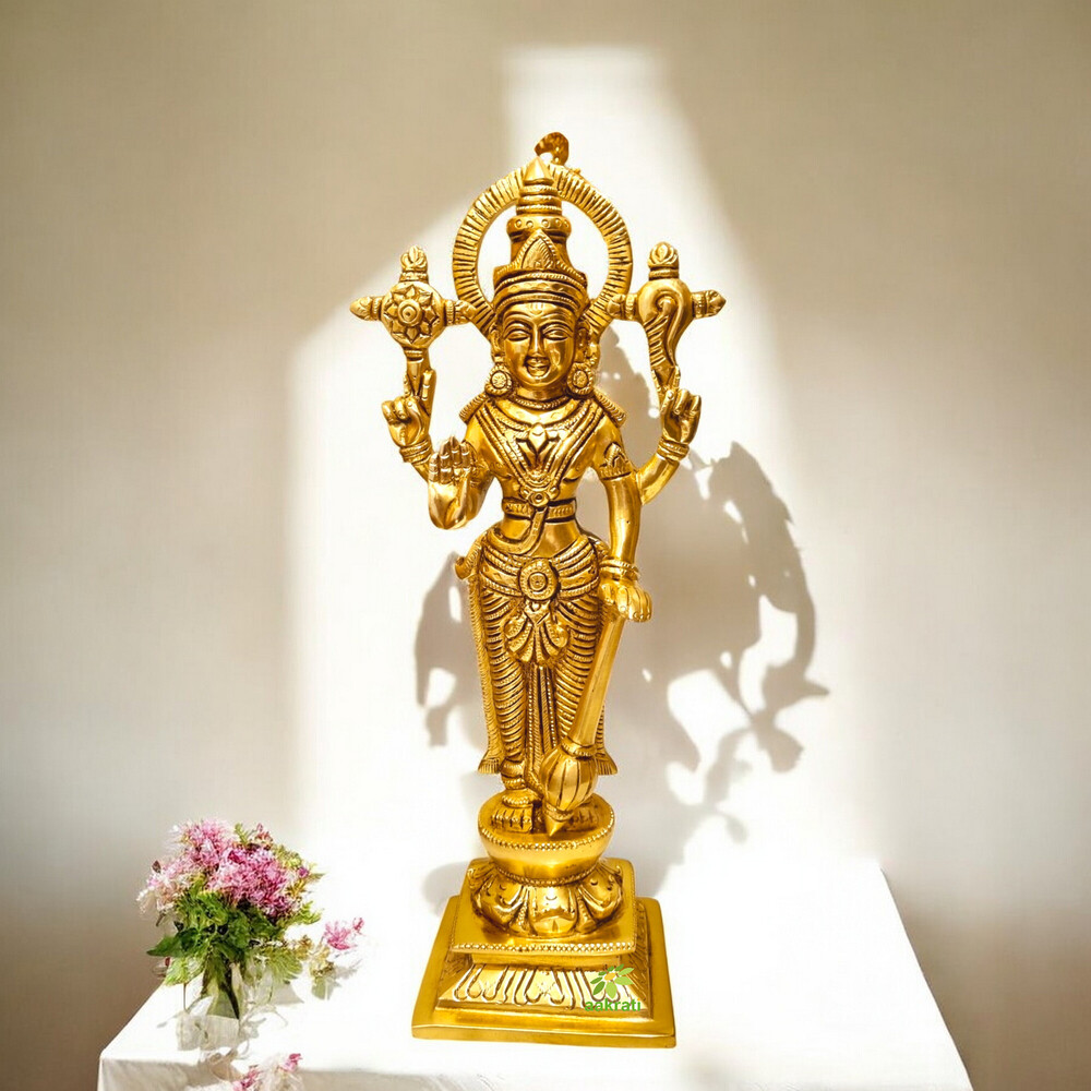 Decorative Brass Lord Vishnu Statue | Ideal for Temple, Office & Festive Gifts | Antique Brass Vishnu Idol ( Yellow, 10.5 inch)