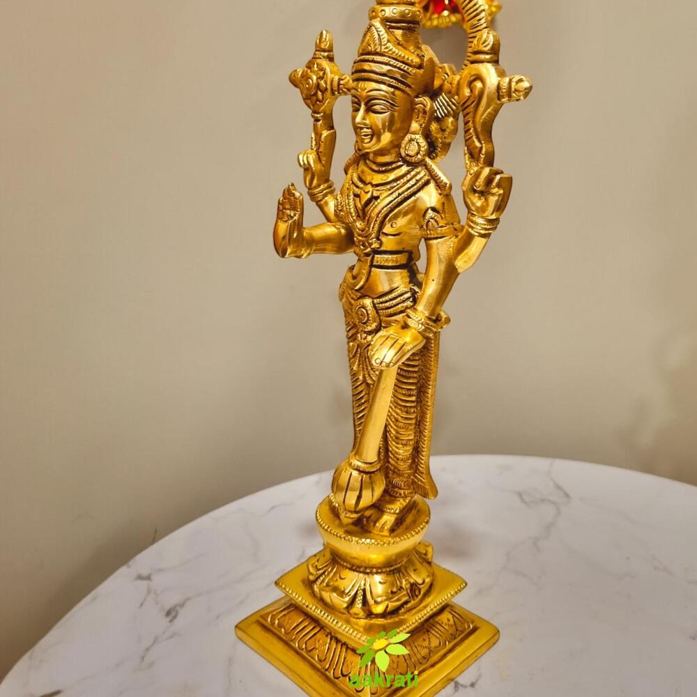 Decorative Brass Lord Vishnu Statue | Ideal for Temple, Office & Festive Gifts | Antique Brass Vishnu Idol ( Yellow, 10.5 inch)