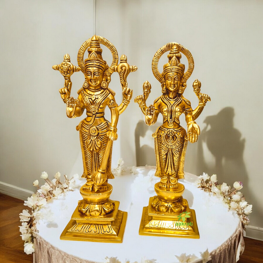 Premium Brass Lakshmi Vishnu Home Decor | Embrace Dual Divine Blessings in Style | Luxury Brass Lakshmi Vishnu Pair ( Yellow, 10.5 inch)