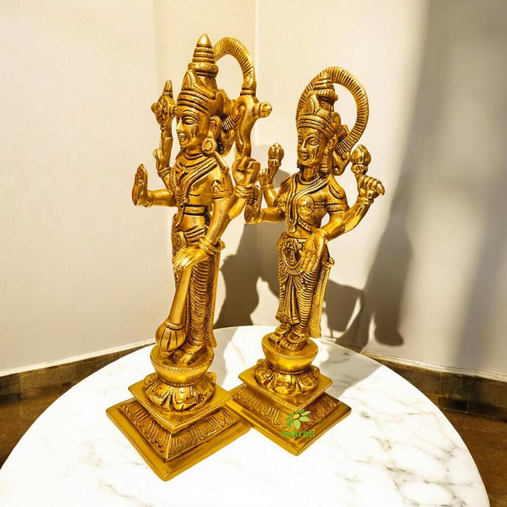 Premium Brass Lakshmi Vishnu Home Decor | Embrace Dual Divine Blessings in Style | Luxury Brass Lakshmi Vishnu Pair ( Yellow, 10.5 inch)