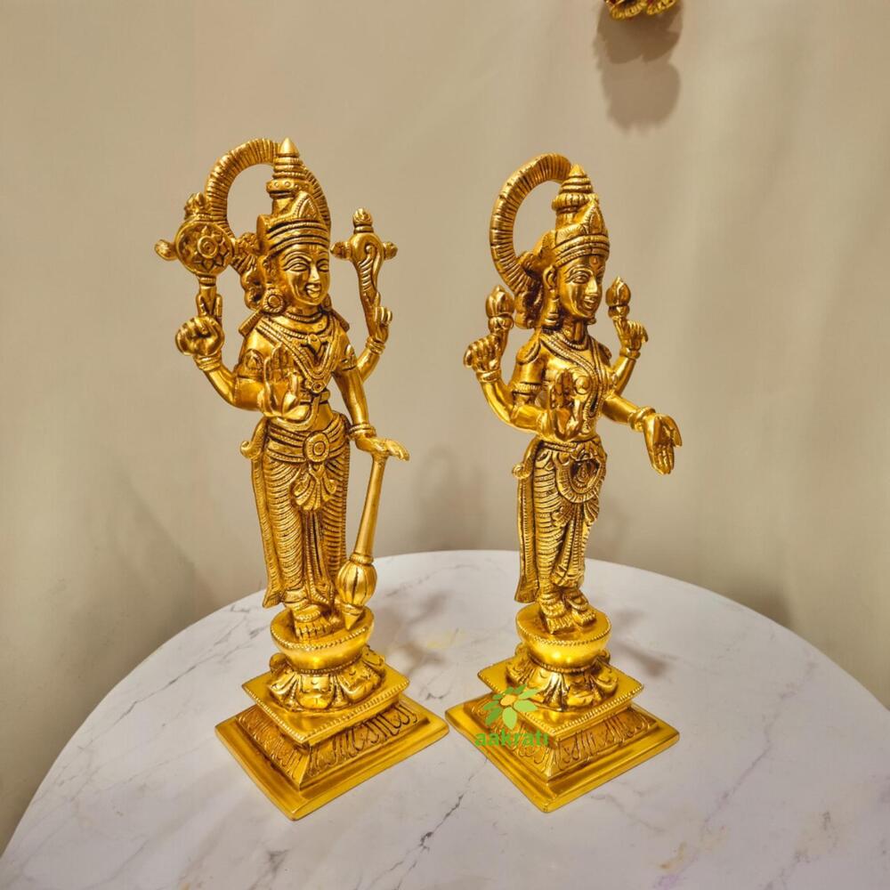 Premium Brass Lakshmi Vishnu Home Decor | Embrace Dual Divine Blessings in Style | Luxury Brass Lakshmi Vishnu Pair ( Yellow, 10.5 inch)