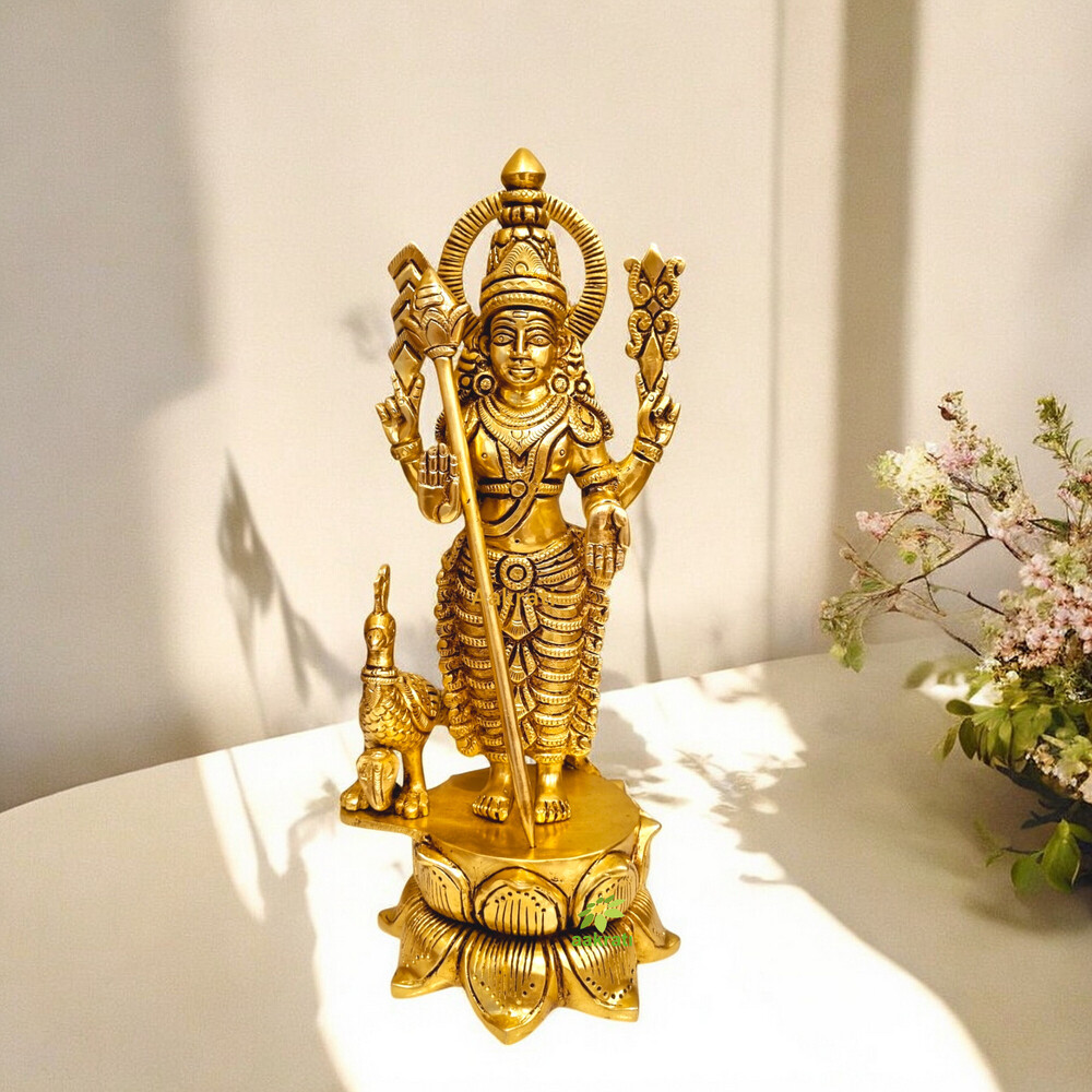 Traditional Brass Murugan Statue | Perfect for Temple Decor and Gift-Giving | Modern Brass Murgan Statue ( Yellow, 10.5 inch)