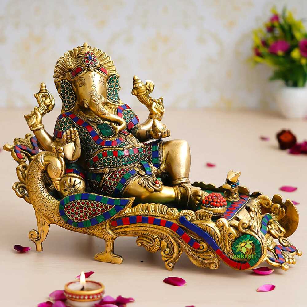 Handcrafted Brass Ganesh Ji Statue Reclining on Couch | Perfect for Pooja, Diwali Dcor & Housewarming | Decorative Ganpati Murti for Home & Office ( Multicolor