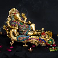 Handcrafted Brass Ganesh Ji Statue Reclining on Couch | Perfect for Pooja, Diwali Dcor & Housewarming | Decorative Ganpati Murti for Home & Office ( Multicolor