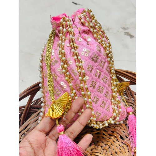 Pink Moti Mala Handle Potli Bags