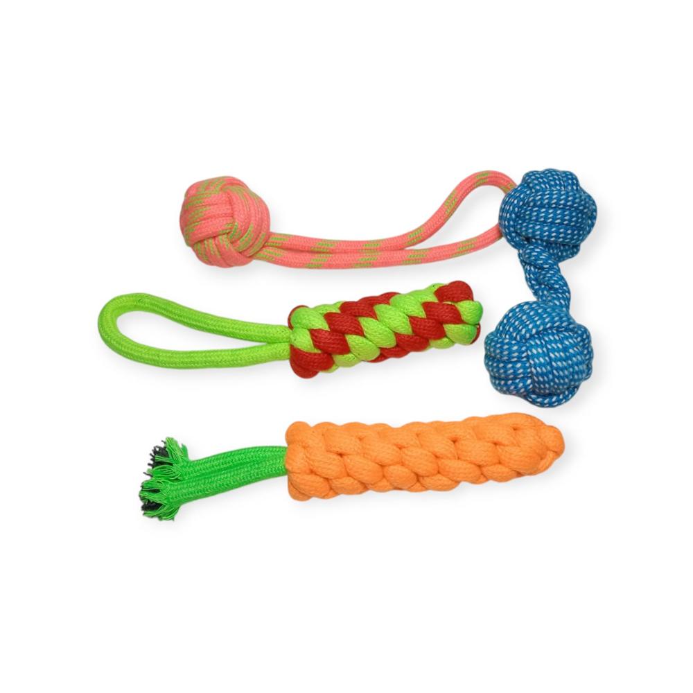 Textrade Associates 4 Different PET Toys for Our Little Furs, Carrot Chewing, Double Balls Handle,Single Ball Chewing,Cotton Rope Braided Handle