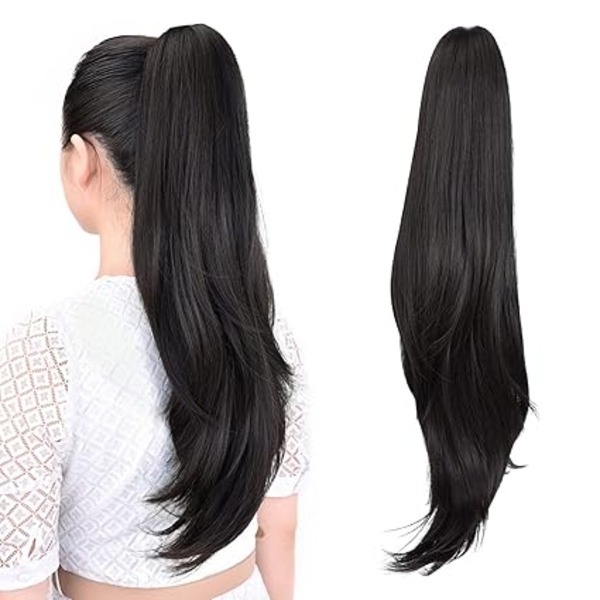 Clamp Claw Clip in Ponytail Hair Extensions 22in Black Human Hair Fake Piece
