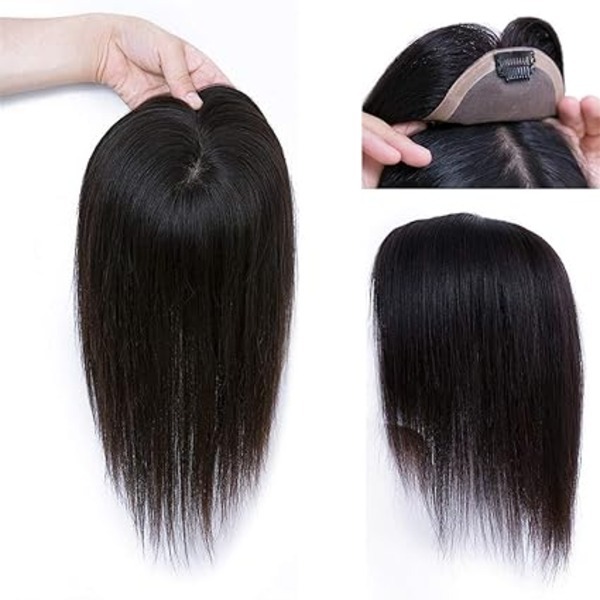 Natural Color Temple Remy Small Size Toppers  Human Hair Extensions Straight Black Color