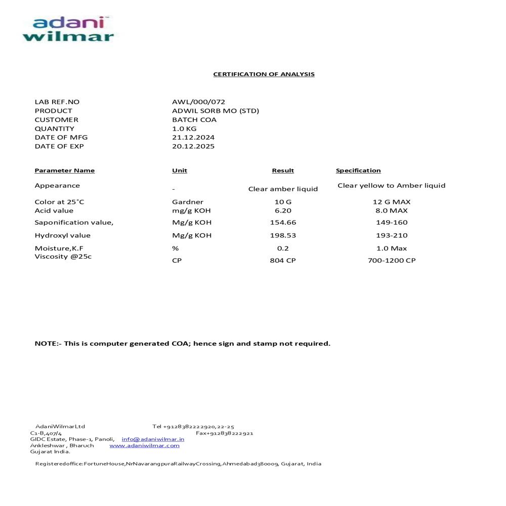 Adwil Sorb Mo (Std) - Application: Cosmetic