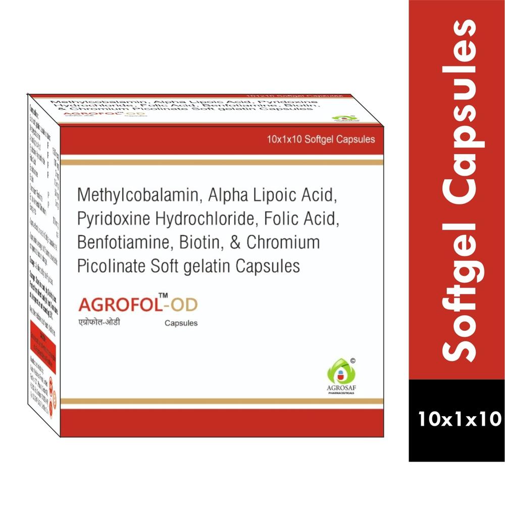 AGROFOL OD CAPSULES - Methylcobalamin 1500 mcg+ Alpha lipoic acid 100mg+ Pyrodoxine Hydrochloride 3mg+folic acid 1.5 mg + Benfotiamine 50mg+Biotin 5mg Chromium picolinate Eq. to elemental Chromium 200mcg