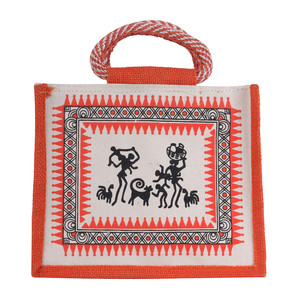 Mini Jute Handbag with Warli Art Print  Eco-Friendly Multipurpose Pouch (25x8x20 cm)