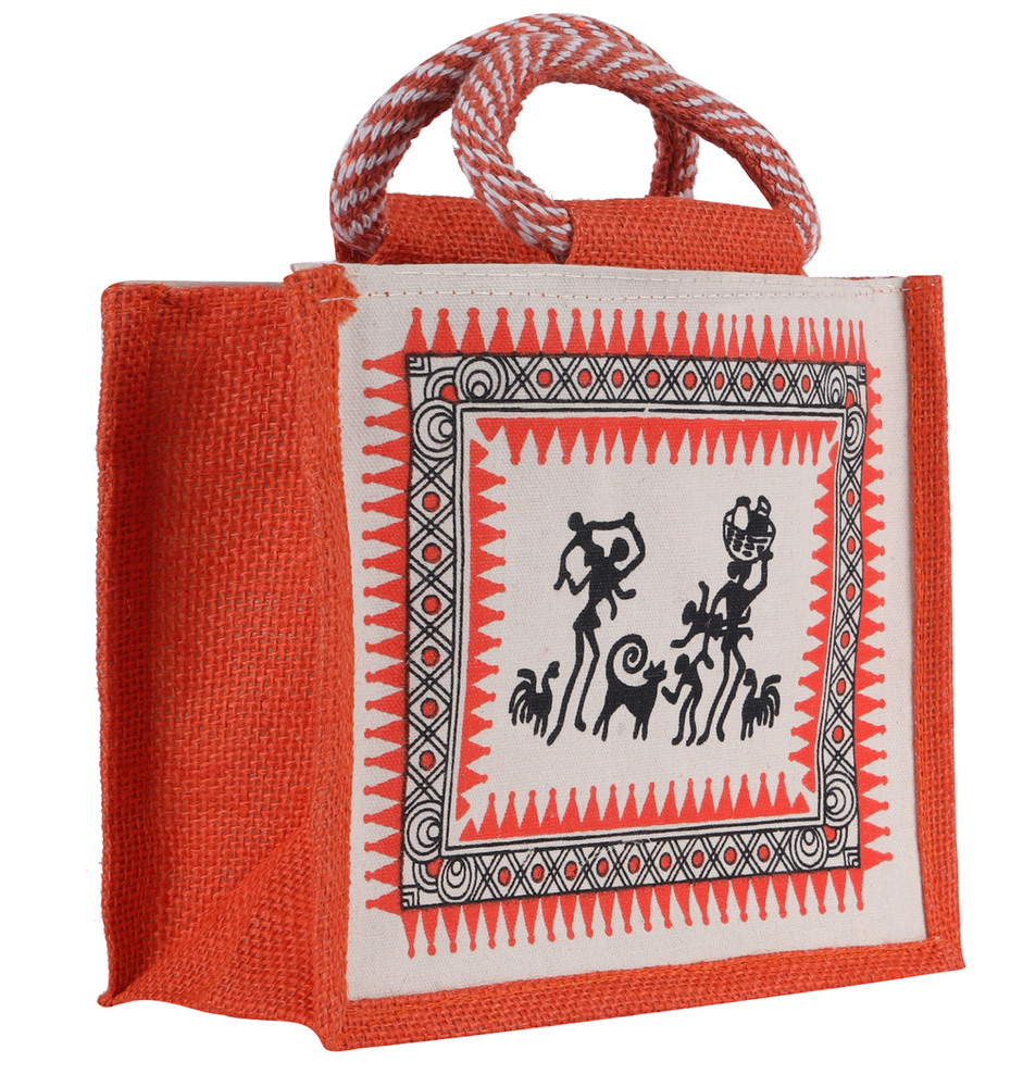 Mini Jute Handbag with Warli Art Print  Eco-Friendly Multipurpose Pouch (25x8x20 cm)