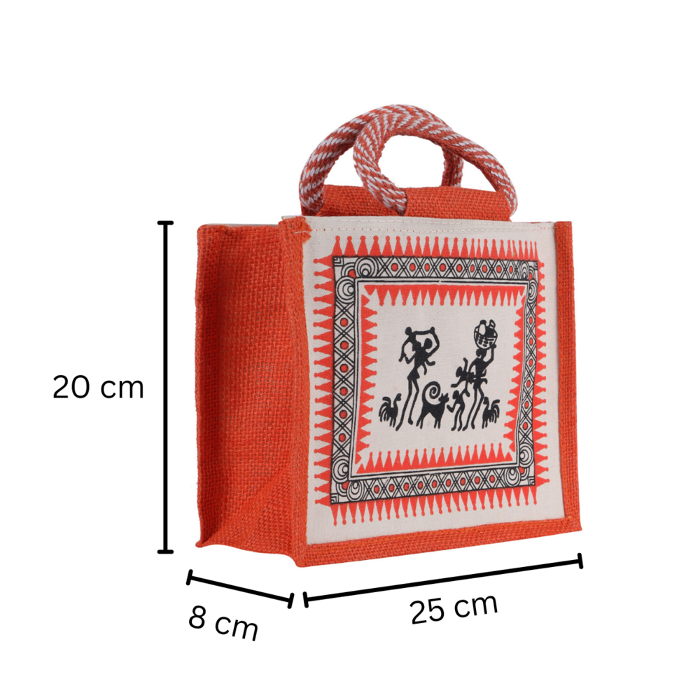 Mini Jute Handbag with Warli Art Print  Eco-Friendly Multipurpose Pouch (25x8x20 cm)