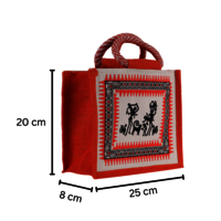 Mini Jute Handbag with Warli Art Print  Eco-Friendly Multipurpose Pouch (25x8x20 cm)