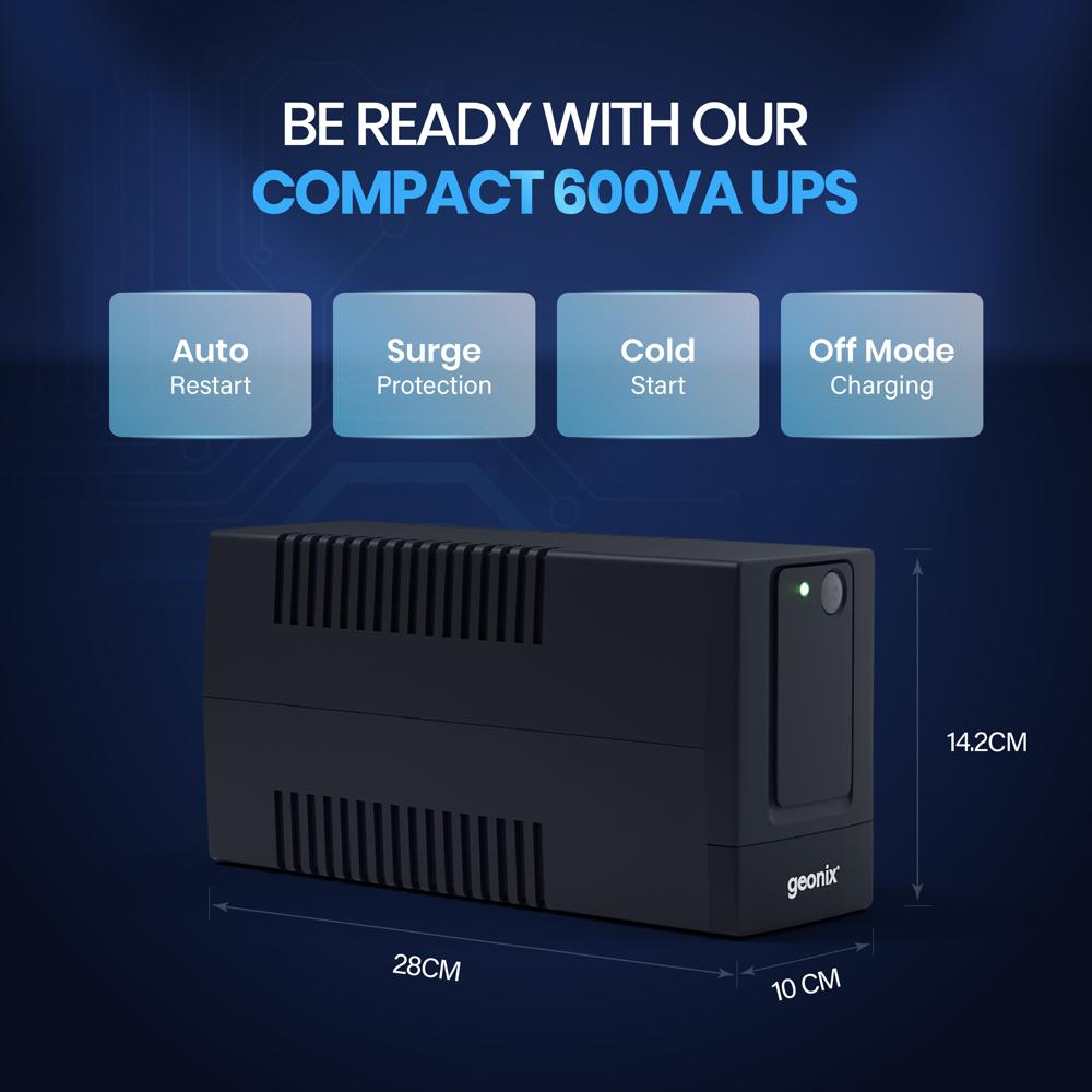 600va Ups - Capacity 600va/360w, Size 27.9x10.1x14.2cm, Recharge Time 6 Hours | Features 10-15 Min Backup, 3 Output Sockets, Bis Approved