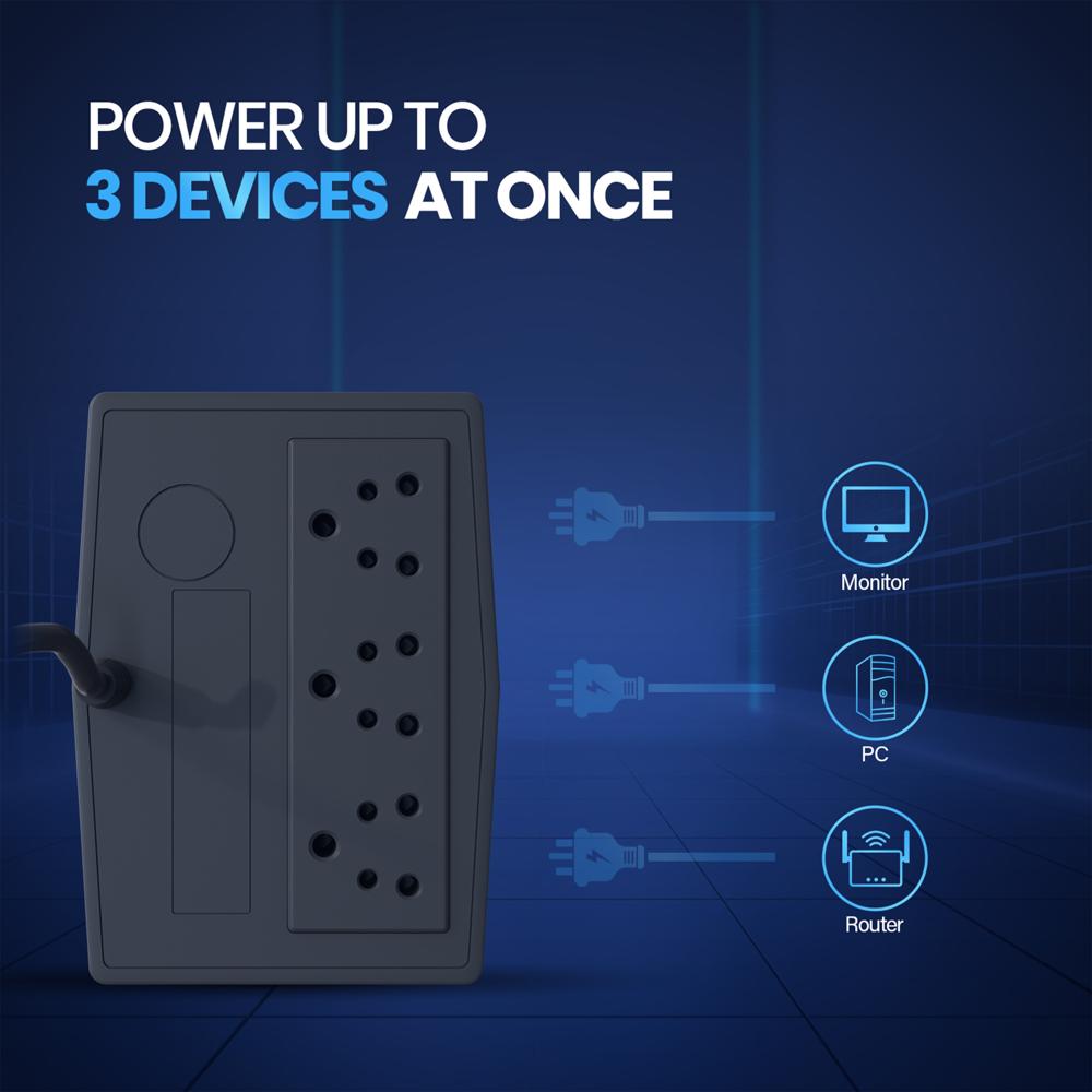 600va Ups - Capacity 600va/360w, Size 27.9x10.1x14.2cm, Recharge Time 6 Hours | Features 10-15 Min Backup, 3 Output Sockets, Bis Approved