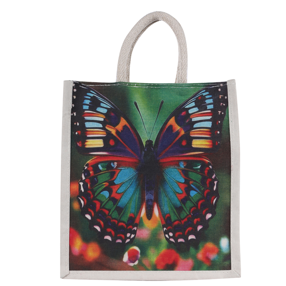 Eco-Friendly Jute Handbag with Colorful Butterfly Print  Reusable Zip Tote (25x8x20 cm)
