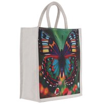 Eco-Friendly Jute Handbag with Colorful Butterfly Print  Reusable Zip Tote (25x8x20 cm)
