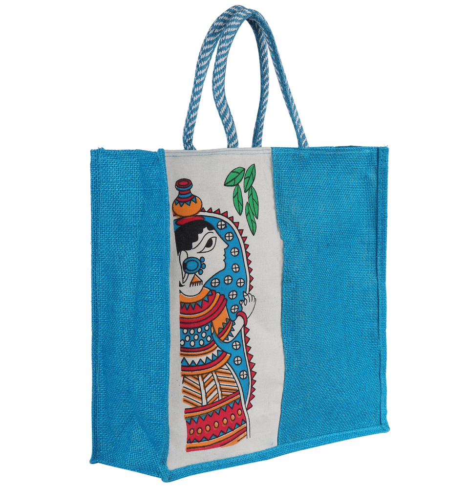 Large Eco-Friendly Jute Bag with Madhubani Art Print  Reusable Blue Tote (35x10x38 cm)