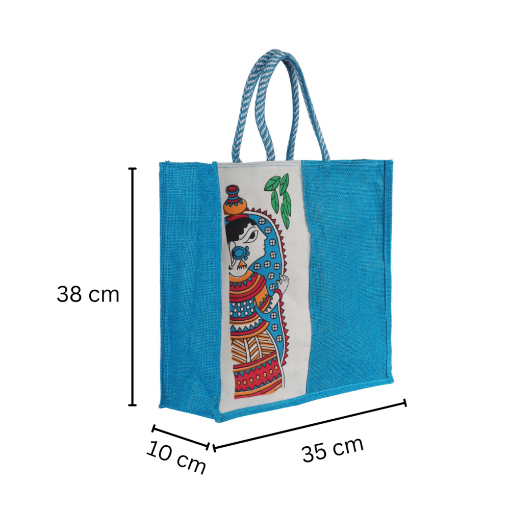 Large Eco-Friendly Jute Bag with Madhubani Art Print  Reusable Blue Tote (35x10x38 cm)