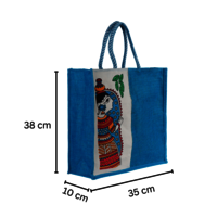 Large Eco-Friendly Jute Bag with Madhubani Art Print  Reusable Blue Tote (35x10x38 cm)