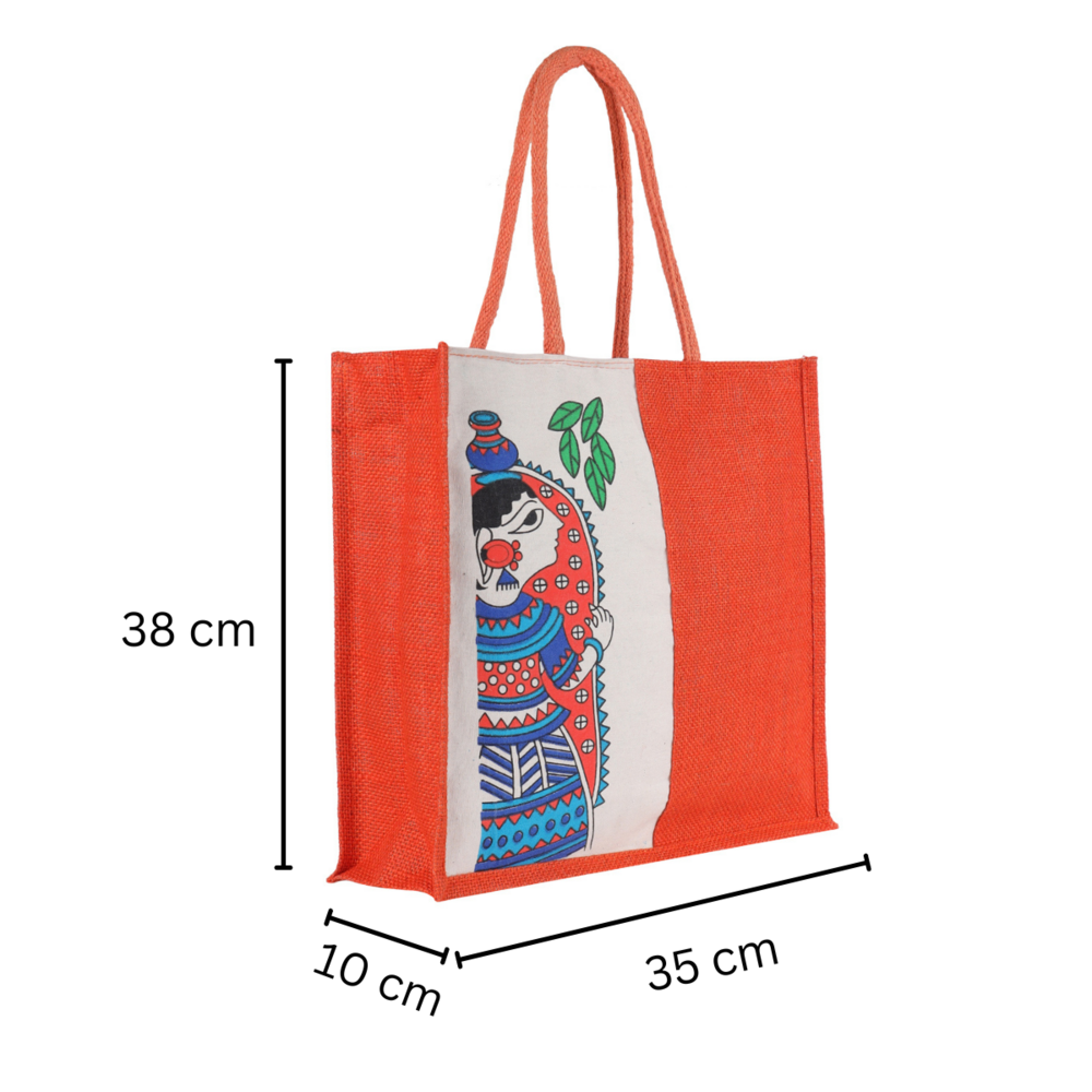 Large Eco-Friendly Jute Bag with Madhubani Art Print  Reusable Blue Tote (35x10x38 cm)