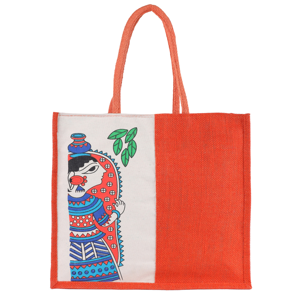 Large Eco-Friendly Jute Bag with Madhubani Art Print  Reusable Blue Tote (35x10x38 cm)