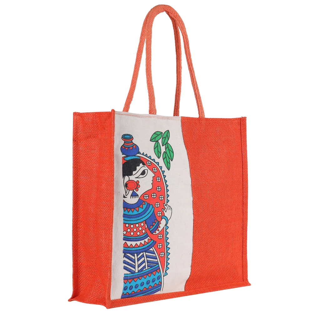 Large Eco-Friendly Jute Bag with Madhubani Art Print  Reusable Blue Tote (35x10x38 cm)