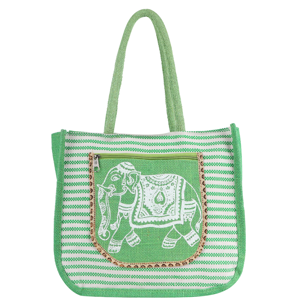 Eco-Friendly Green Jute Handbag with Elephant Print Pocket â Reusable Shopping Tote (28x8x32 cm)