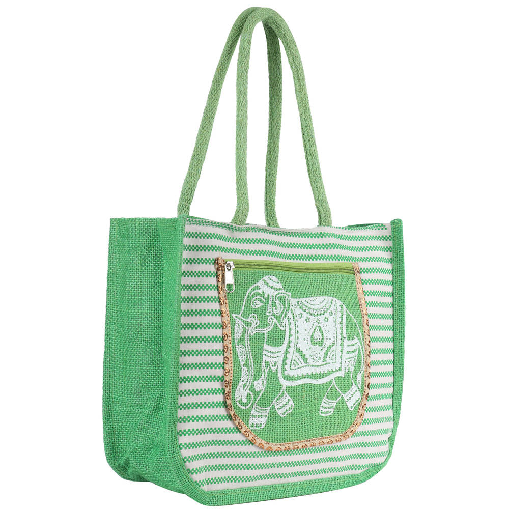Eco-Friendly Green Jute Handbag with Elephant Print Pocket  Reusable Shopping Tote (28x8x32 cm)