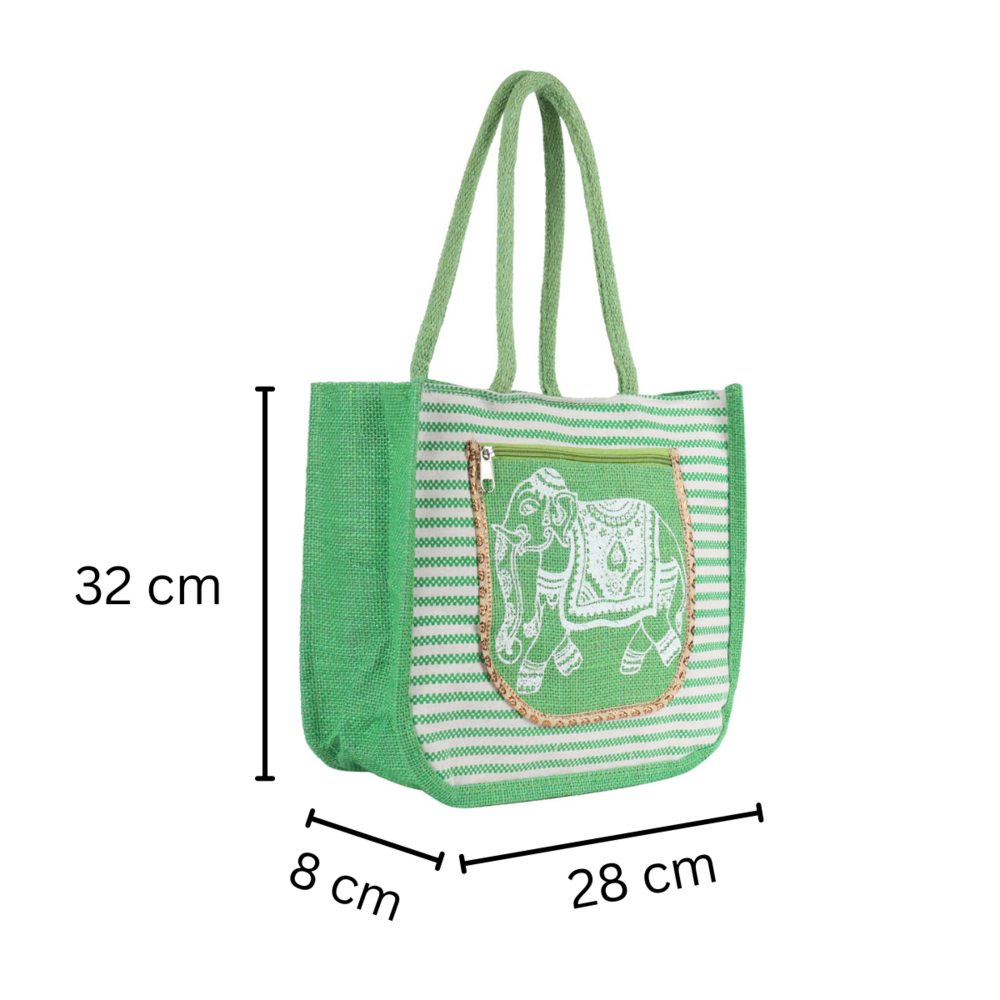 Eco-Friendly Green Jute Handbag with Elephant Print Pocket  Reusable Shopping Tote (28x8x32 cm)