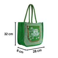 Eco-Friendly Green Jute Handbag with Elephant Print Pocket  Reusable Shopping Tote (28x8x32 cm)